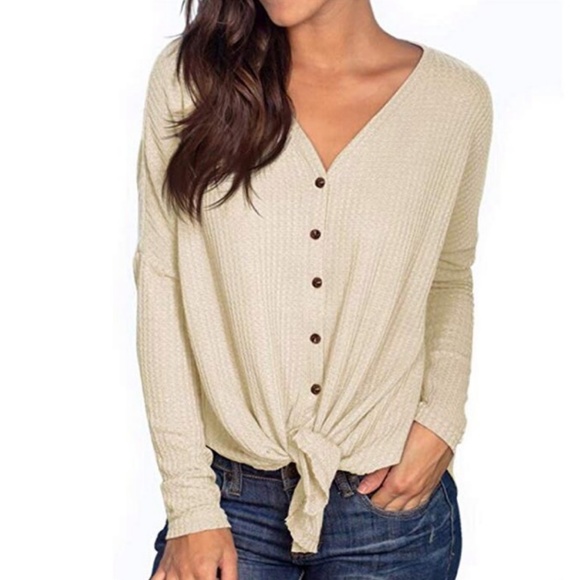 Waffle knit button down top Clearance
